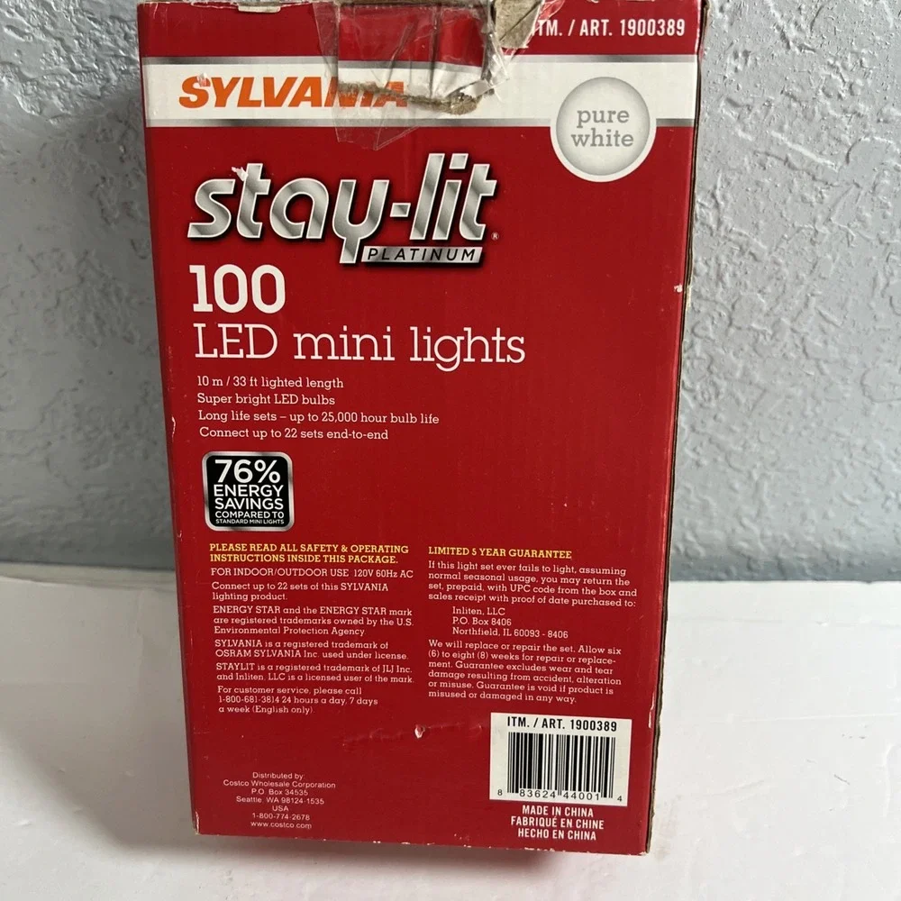 Sylvania Stay-lit Pure White 100 LED Mini‎ Lights-New